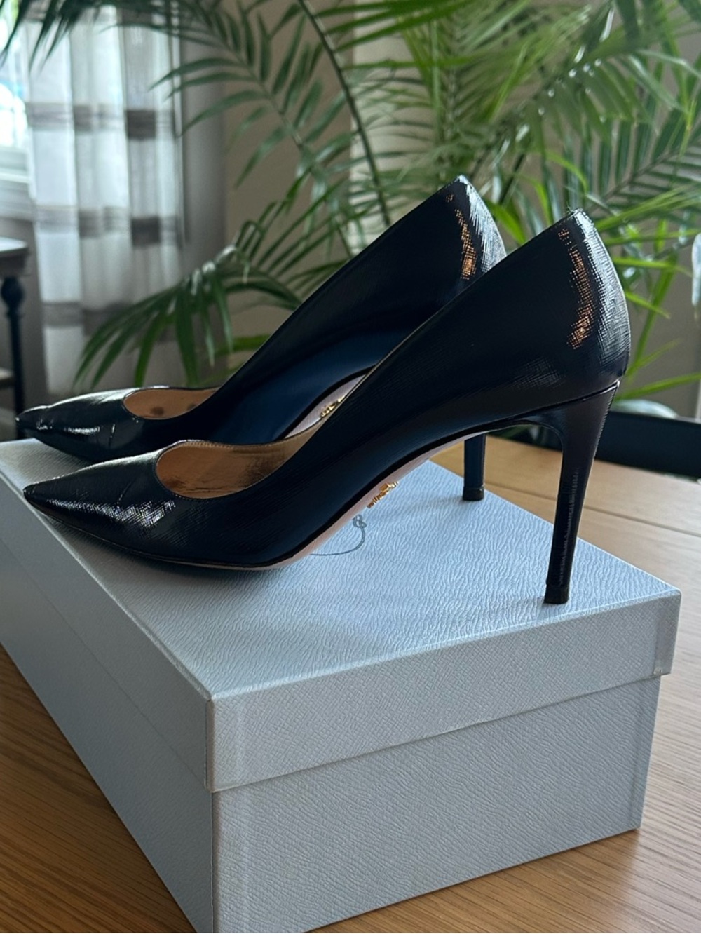 Prada Saffiano Leather Pointed-Toe Pumps.  Navy 38.5